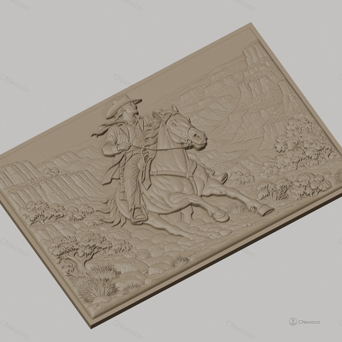 Fichier CNC & impression 3D cowboy à cheval dans canyon, paysage sauvage, haute qualité relief STL