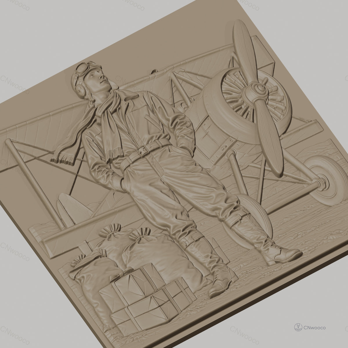 Fichier CNC & impression 3D pilote d'avion ancien, avion biplan, sacs et caisses, haute qualité relief STL