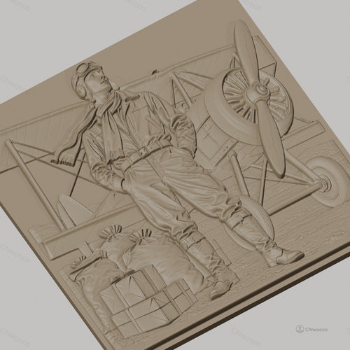 Fichier CNC & impression 3D pilote d'avion ancien, avion biplan, sacs et caisses, haute qualité relief STL