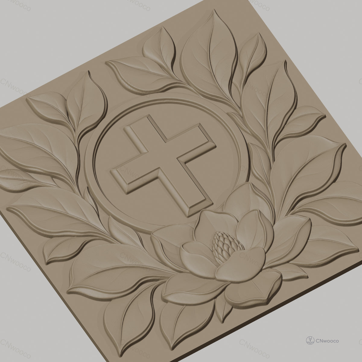 Fichier CNC & impression 3D Croix chrétienne, fleur de lotus et feuilles, haute qualité relief STL