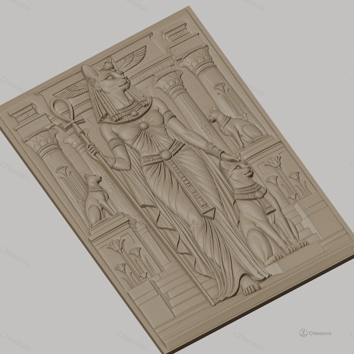 Fichier CNC & impression 3D déesse égyptienne Bastet, chats, colonnes et sphinx, haute qualité relief STL