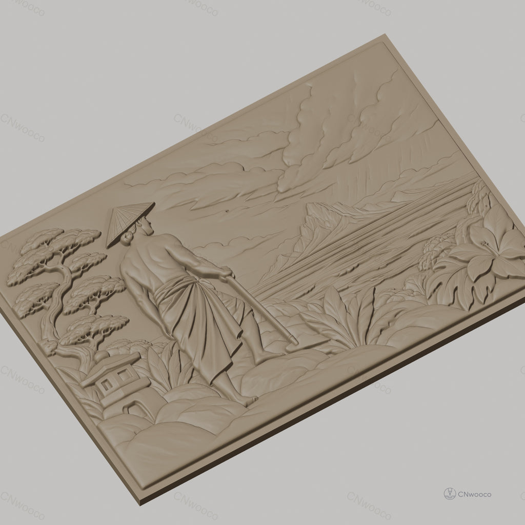 Fichier CNC & impression 3D paysage asiatique, homme avec chapeau conique, montagne et végétation, haute qualité relief STL