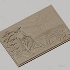 Fichier CNC & impression 3D paysage asiatique, homme avec chapeau conique, montagne et végétation, haute qualité relief STL