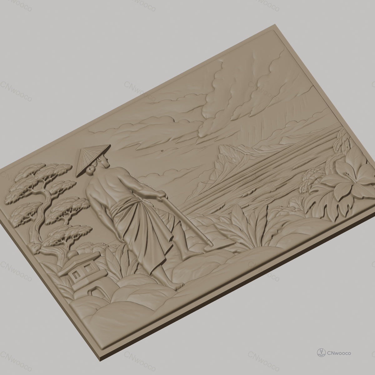 Fichier CNC & impression 3D paysage asiatique, homme avec chapeau conique, montagne et végétation, haute qualité relief STL
