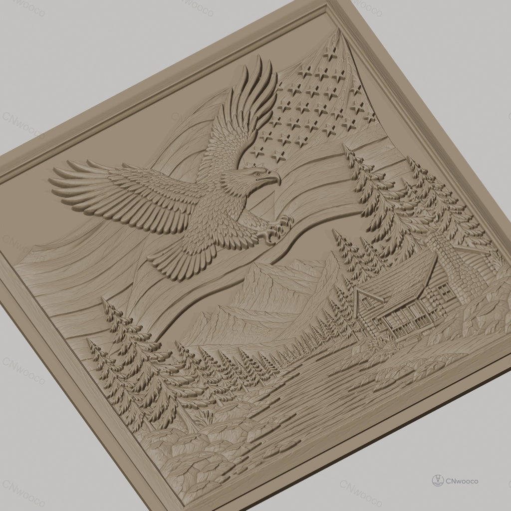 Fichier CNC & impression 3D nature américaine, aigle américain, drapeau USA, paysage montagne, chalet, haute qualité relief STL