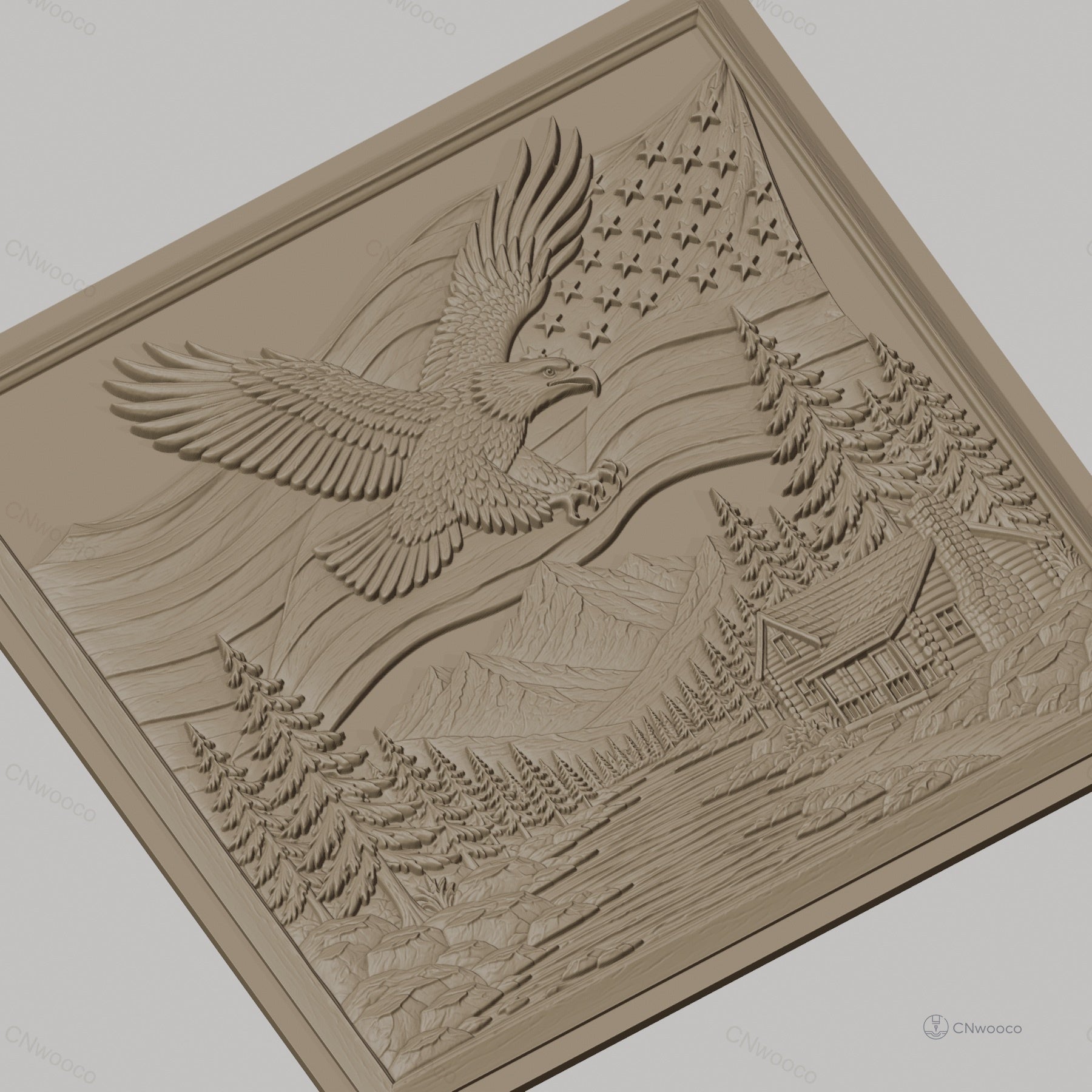 Fichier CNC & impression 3D nature américaine, aigle américain, drapeau USA, paysage montagne, chalet, haute qualité relief STL