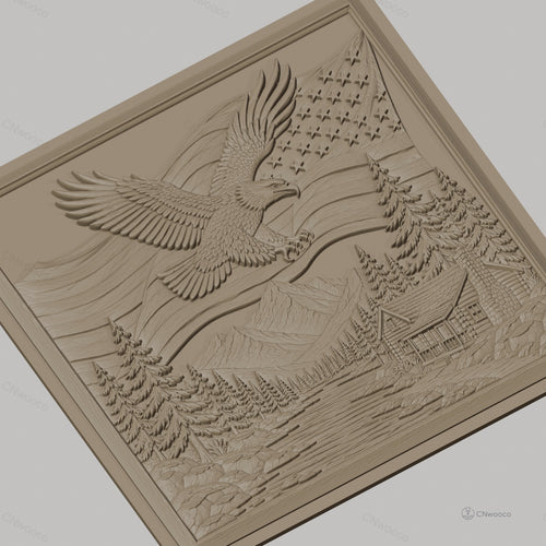 Fichier CNC & impression 3D nature américaine, aigle américain, drapeau USA, paysage montagne, chalet, haute qualité relief STL