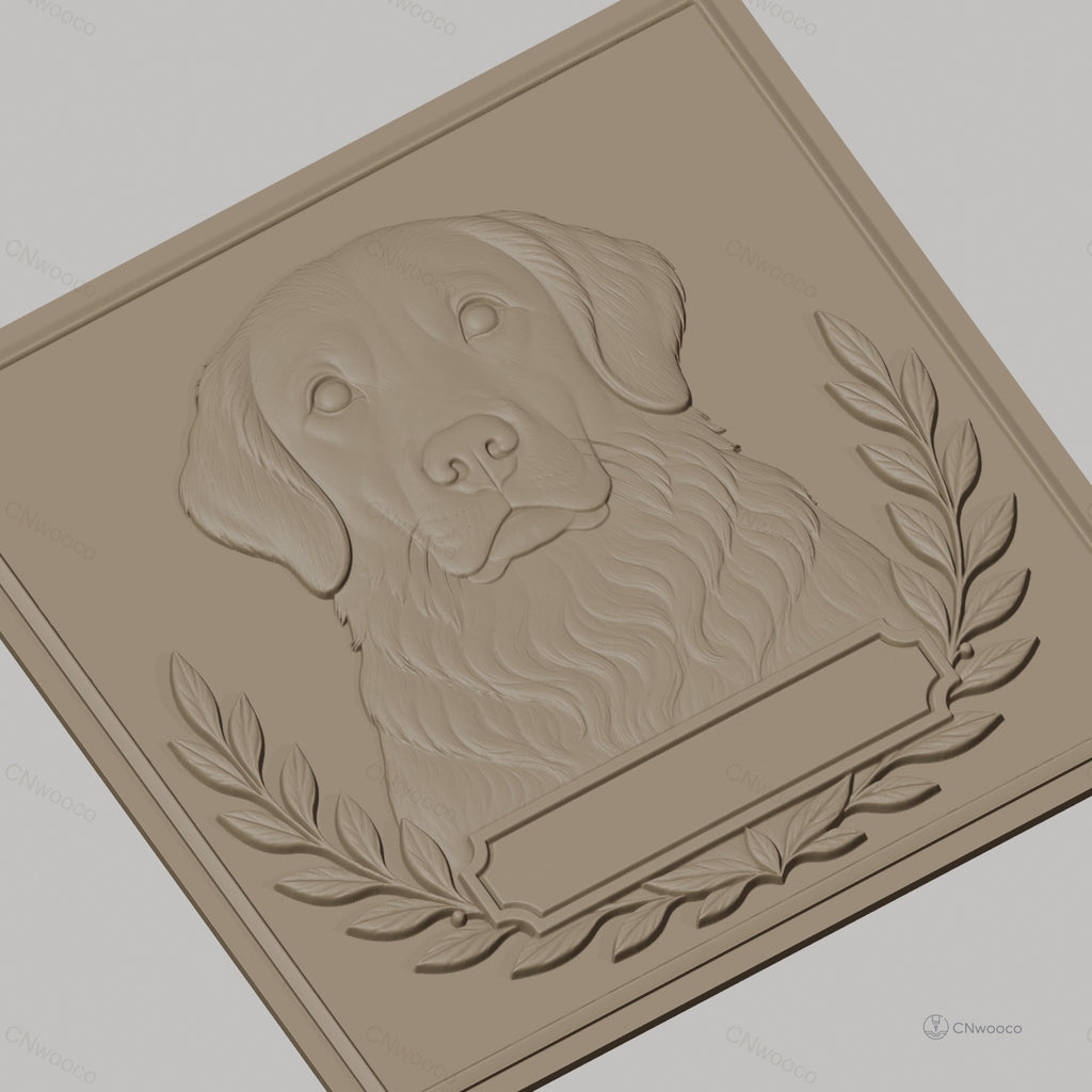Fichier CNC & impression 3D chien golden retriever, relief portrait avec feuillage, haute qualité relief STL