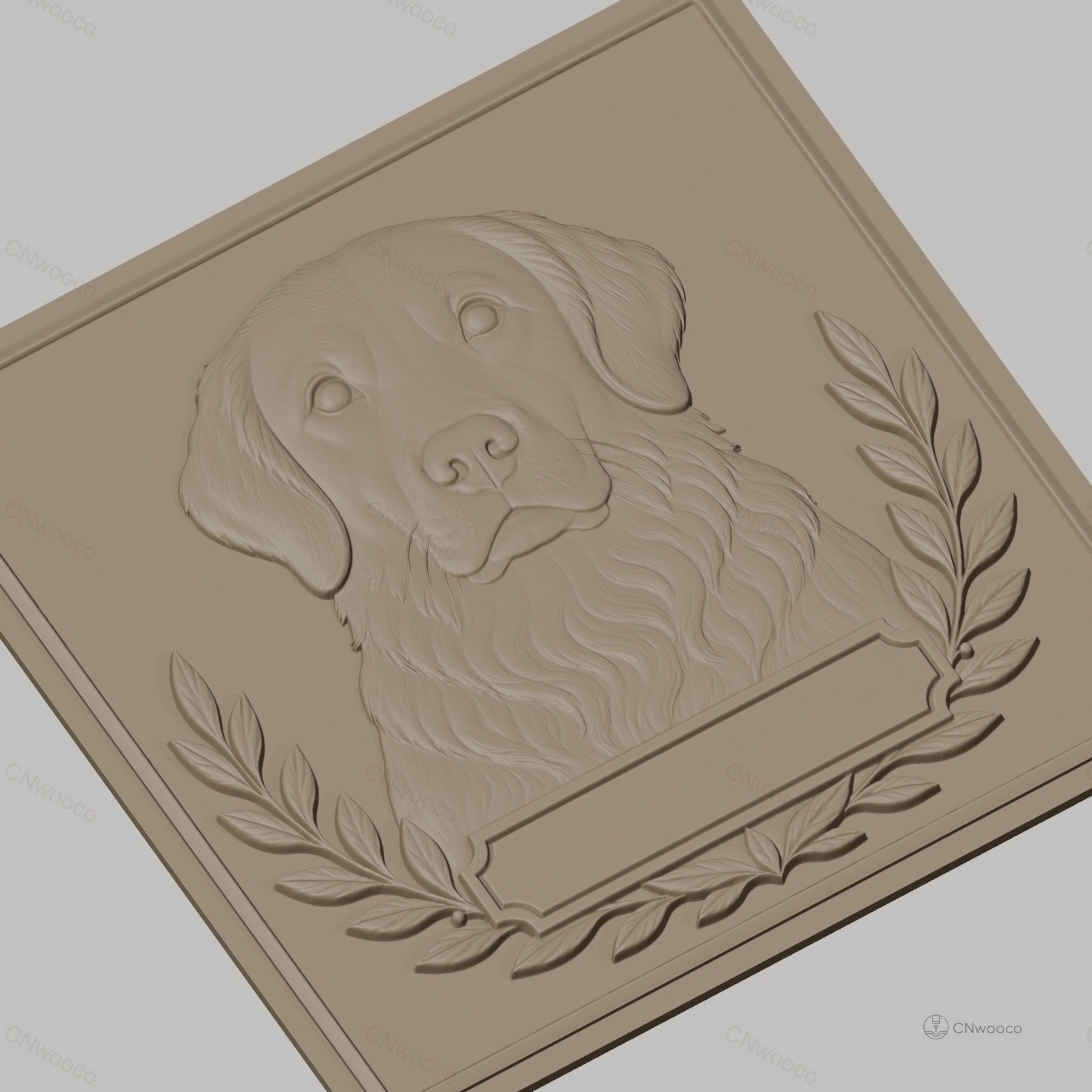 Fichier CNC & impression 3D chien golden retriever, relief portrait avec feuillage, haute qualité relief STL