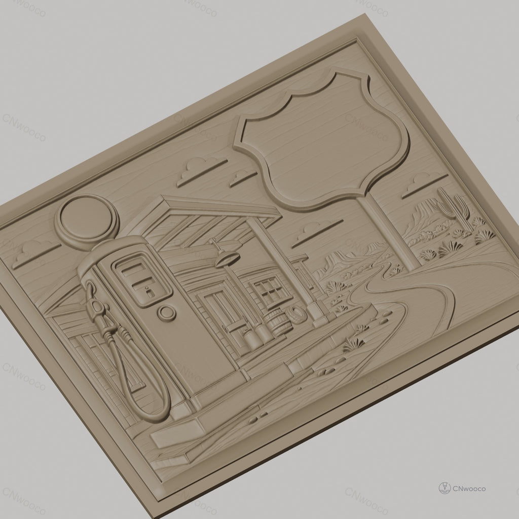 Fichier CNC & impression 3D station essence vintage, route désert cactus, haute qualité relief STL