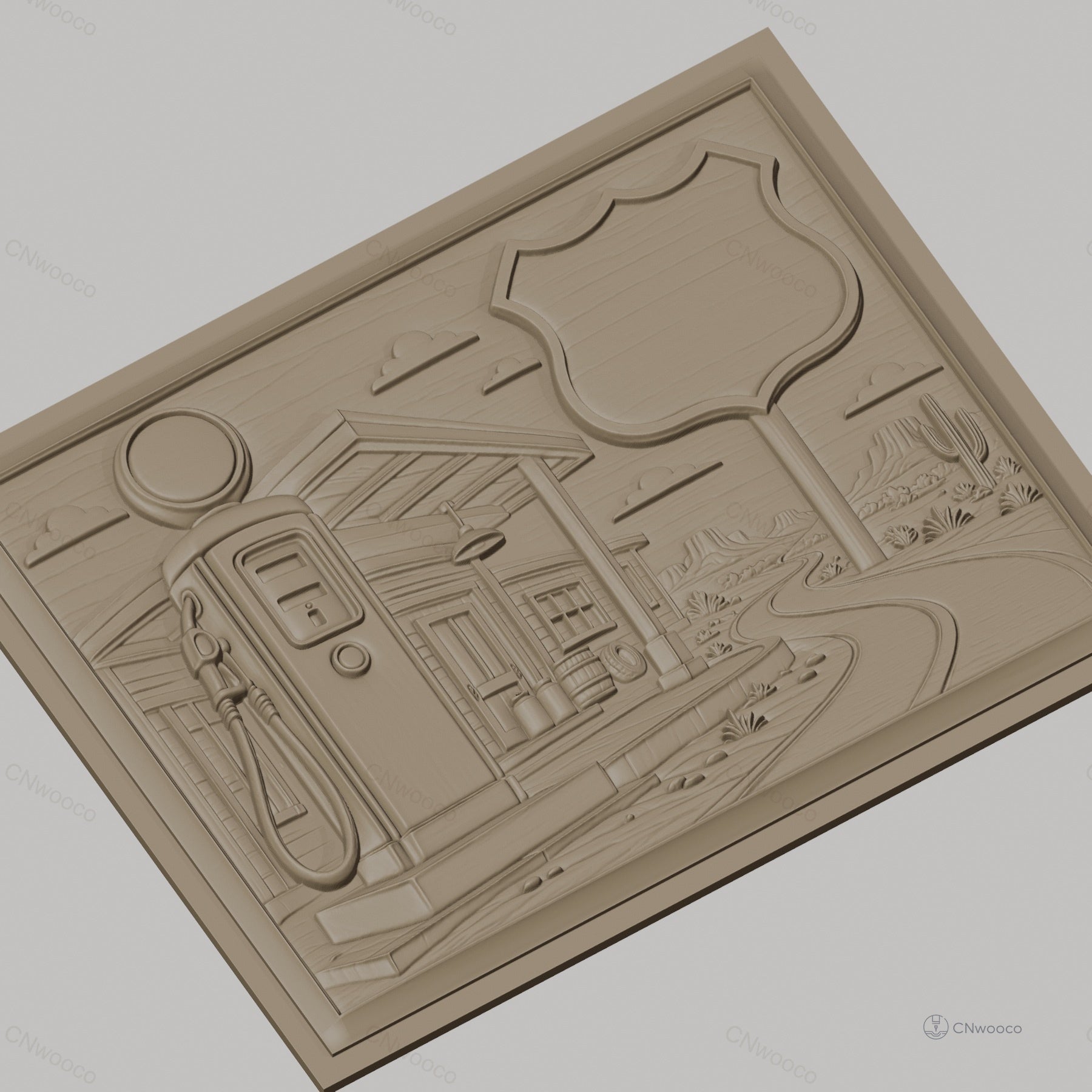Fichier CNC & impression 3D station essence vintage, route désert cactus, haute qualité relief STL
