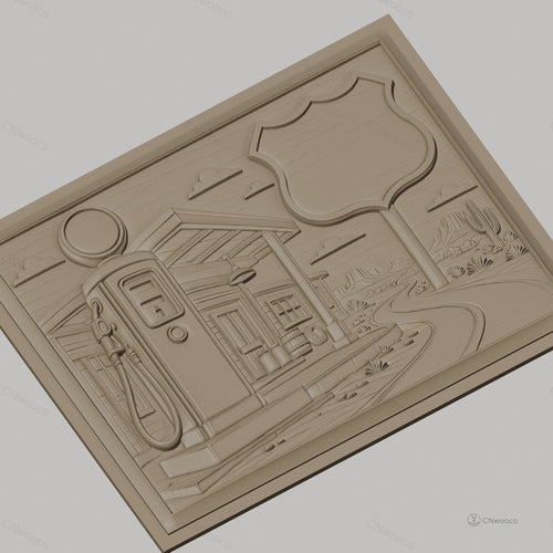 Fichier CNC & impression 3D station essence vintage, route désert cactus, haute qualité relief STL
