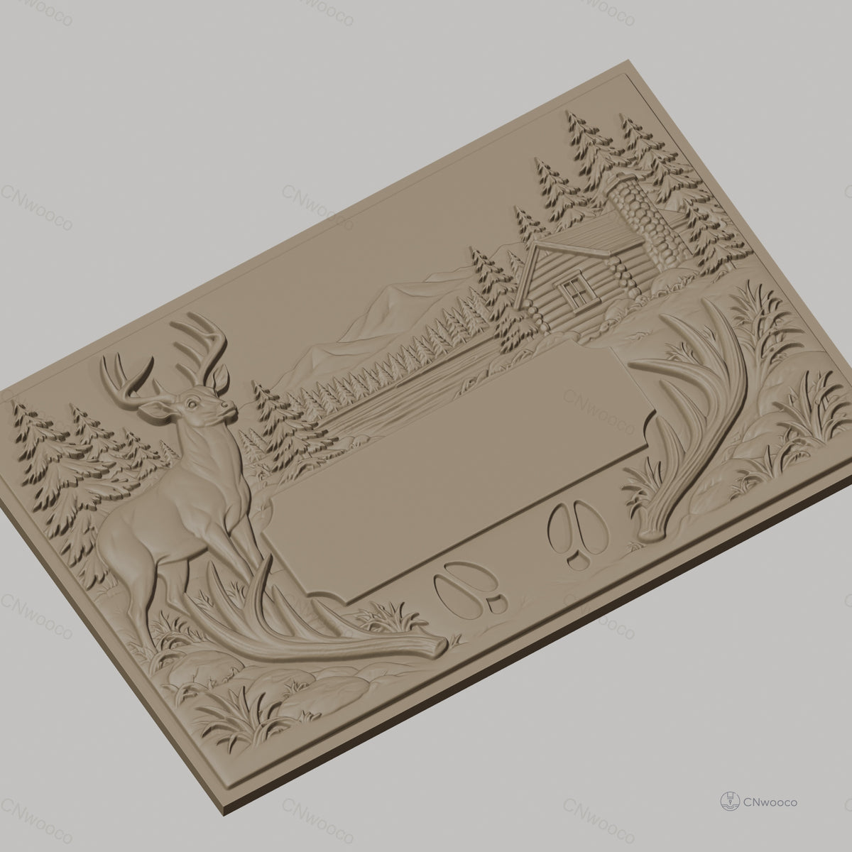 Fichier CNC & impression 3D paysage nature avec cerf, cabane en bois et montagnes, haute qualité relief STL