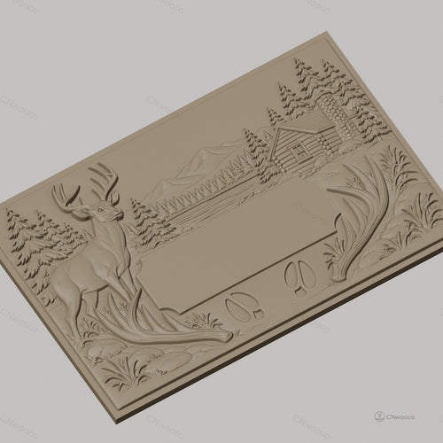 Fichier CNC & impression 3D paysage nature avec cerf, cabane en bois et montagnes, haute qualité relief STL