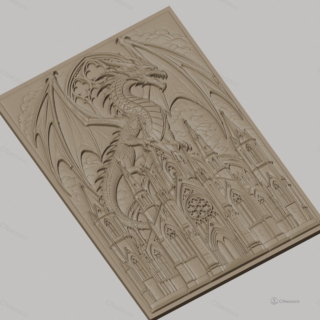 Fichier CNC & impression 3D dragon médiéval, château gothique détaillé, haute qualité relief STL