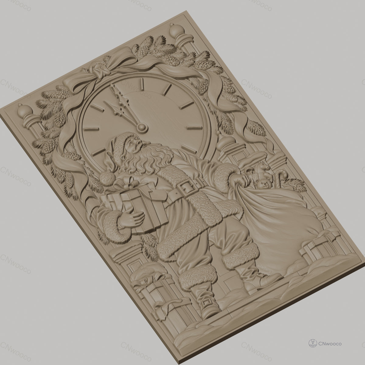 Fichier CNC & impression 3D Père Noël avec horloge et cadeaux, haute qualité relief STL