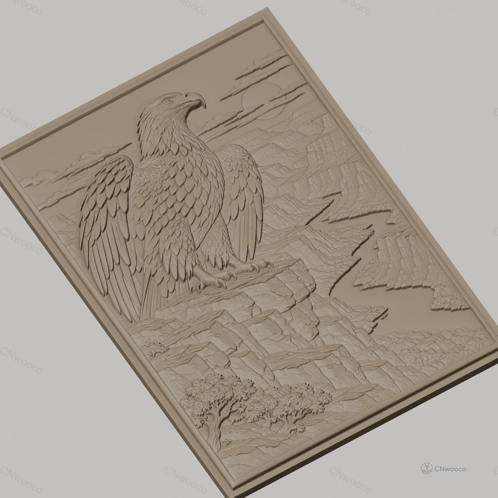 Fichier CNC & impression 3D aigle sur falaise, rivière sinueuse et canyon, haute qualité relief STL
