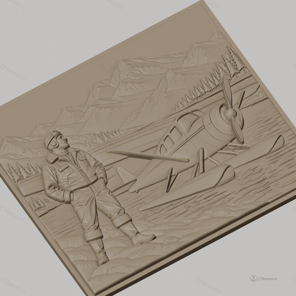 Fichier CNC & impression 3D pilote d'avion et hydravion sur lac montagnard, haute qualité relief STL