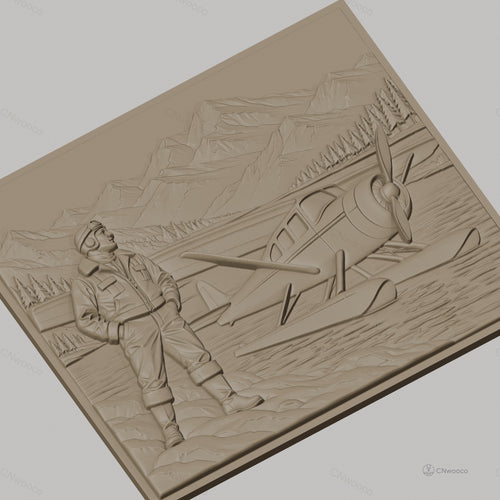 Fichier CNC & impression 3D pilote d'avion et hydravion sur lac montagnard, haute qualité relief STL