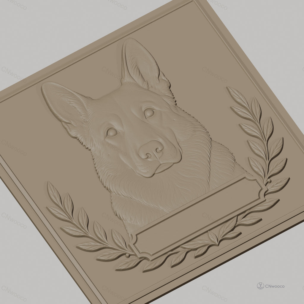 Fichier CNC & impression 3D chien berger allemand, tête de chien avec couronne de laurier, haute qualité relief STL