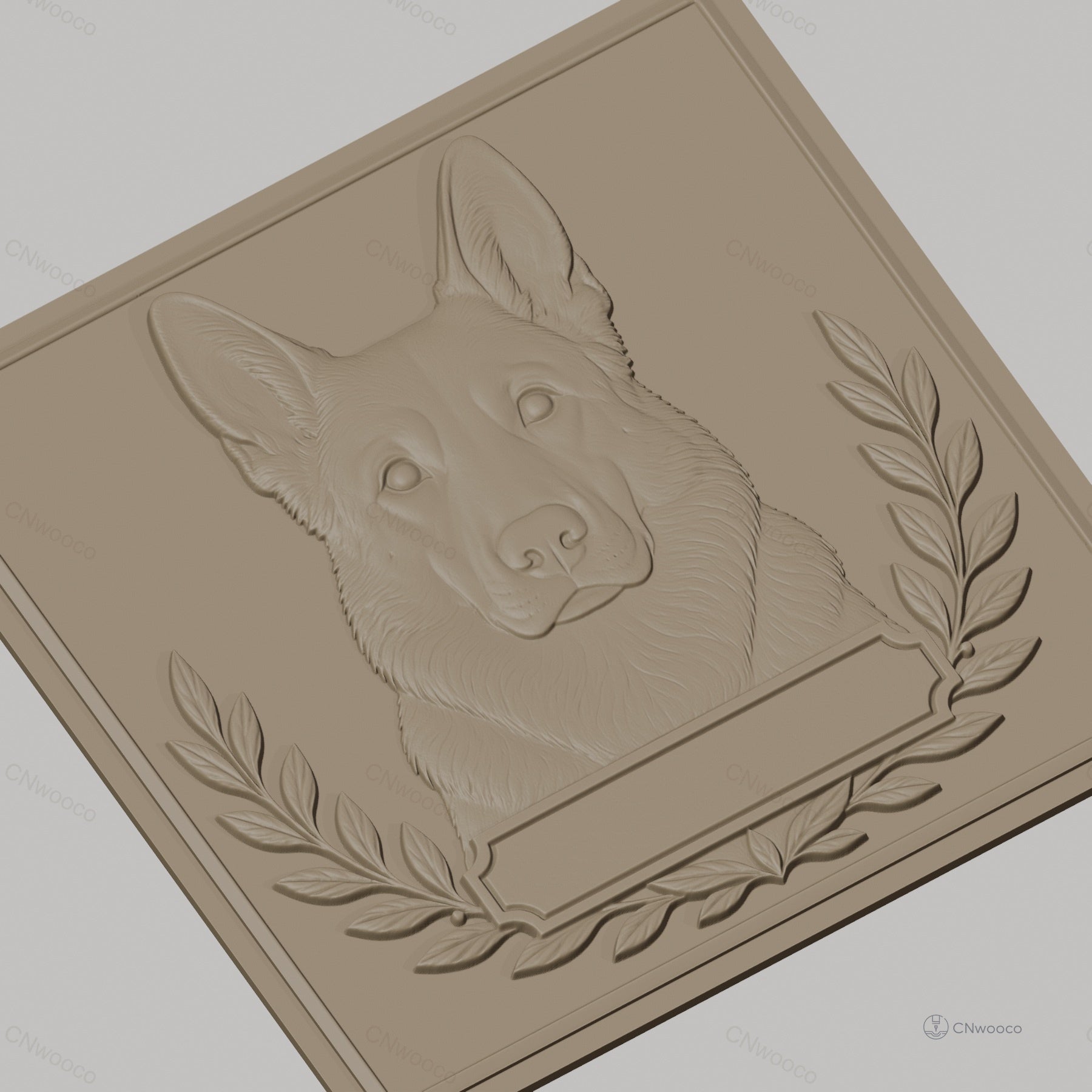 Fichier CNC & impression 3D chien berger allemand, tête de chien avec couronne de laurier, haute qualité relief STL