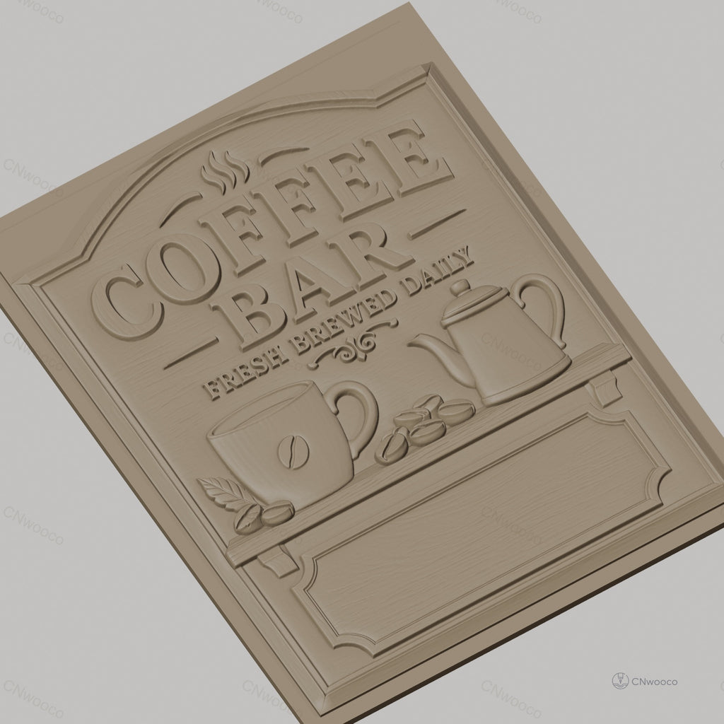 Fichier CNC & impression 3D Coffee Bar avec tasse, cafetière et grains de café, haute qualité relief STL