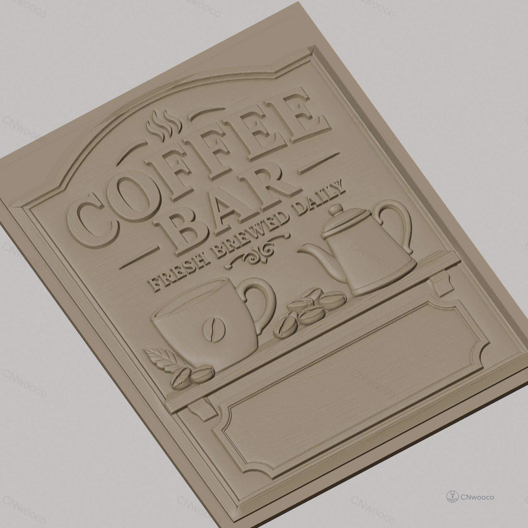 Fichier CNC & impression 3D Coffee Bar avec tasse, cafetière et grains de café, haute qualité relief STL