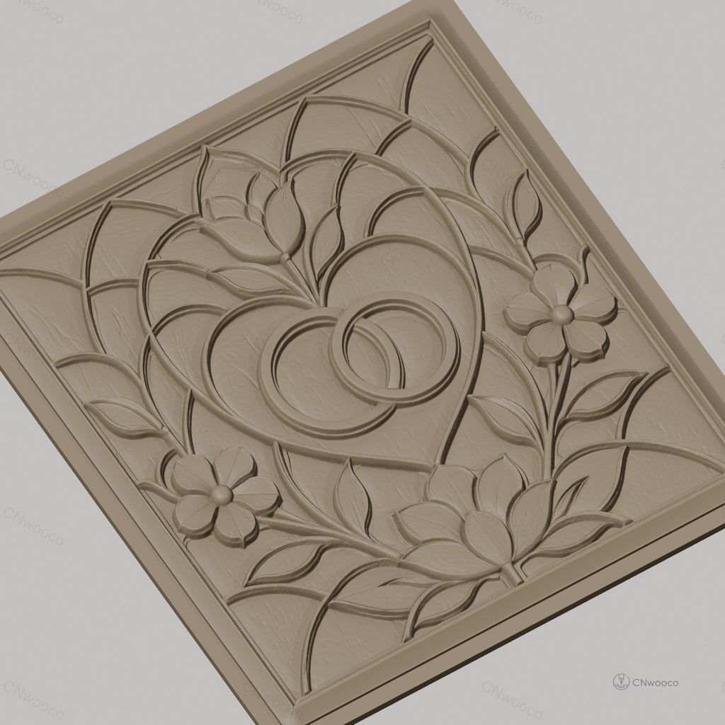 Fichier CNC & impression 3D mariage, cœurs entrelacés et fleurs, haute qualité relief STL