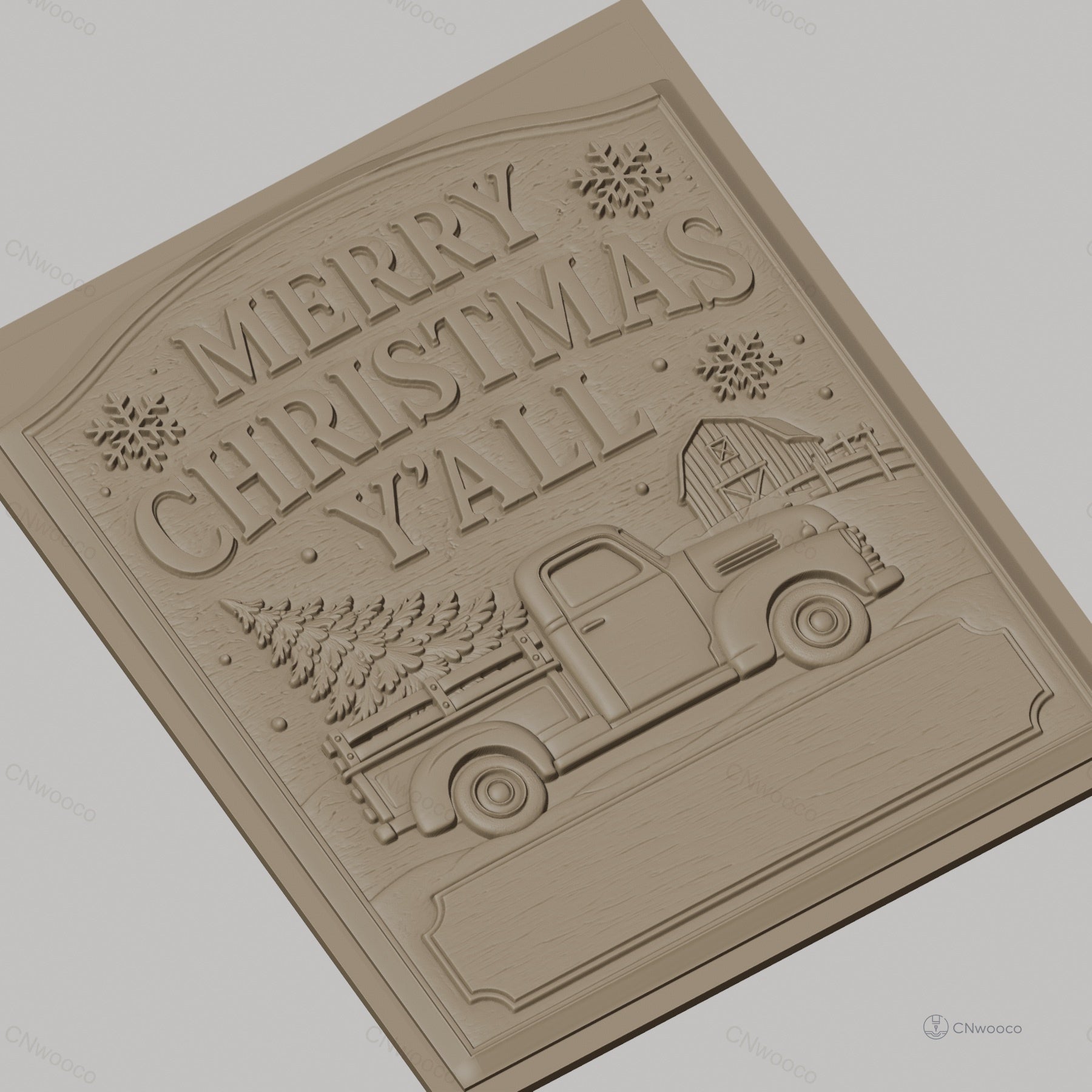 Fichier CNC & impression 3D thème Noël, camion de ferme avec sapin et grange, haute qualité relief STL