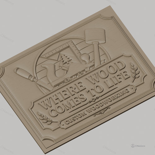 Fichier CNC & impression 3D panneau bois, outils de menuiserie et texte en relief, haute qualité relief STL