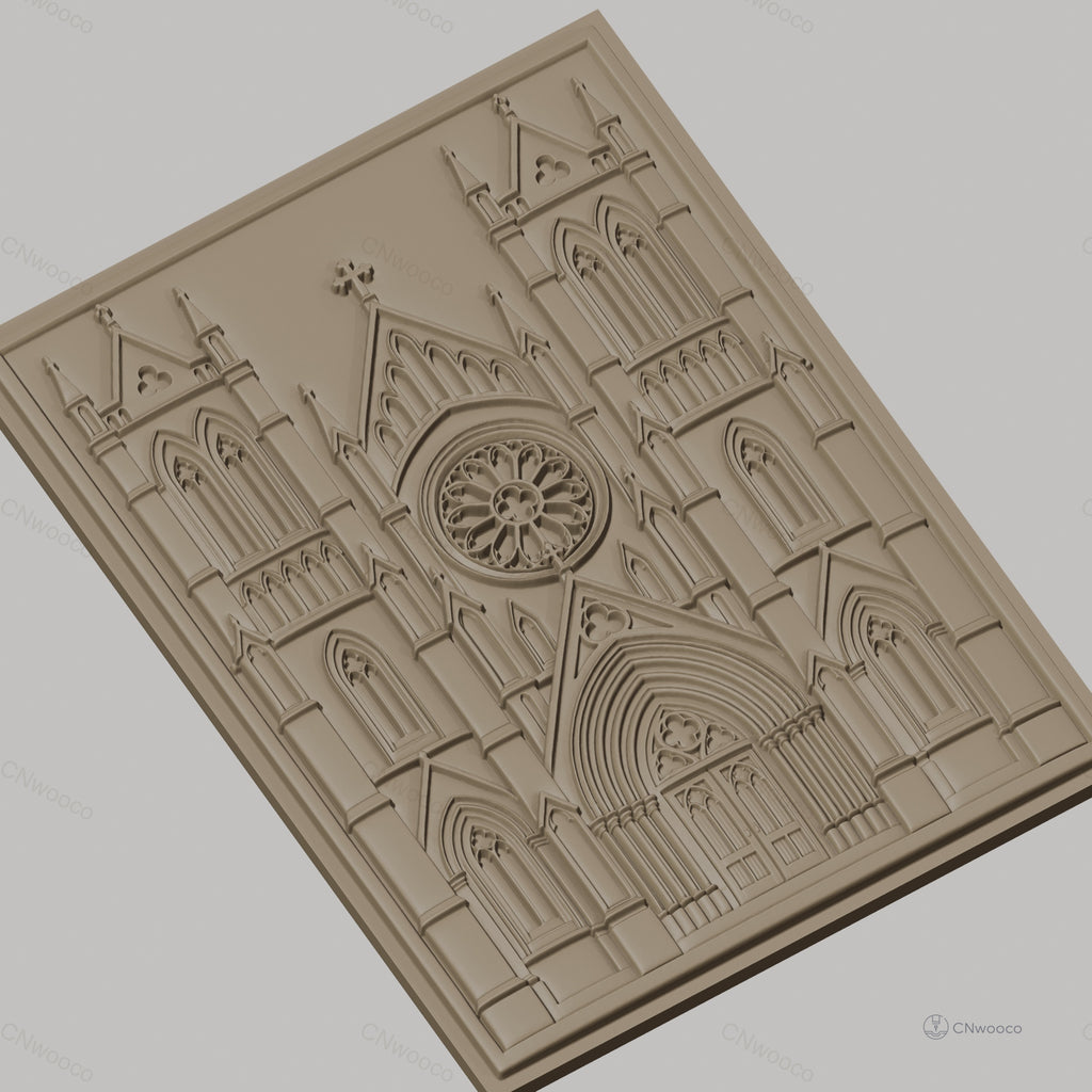 Fichier CNC & impression 3D cathédrale gothique, portail avec rosace et tours, haute qualité relief STL