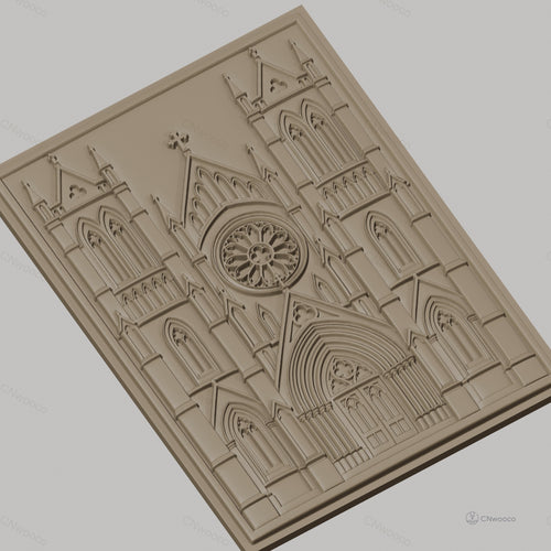 Fichier CNC & impression 3D cathédrale gothique, portail avec rosace et tours, haute qualité relief STL