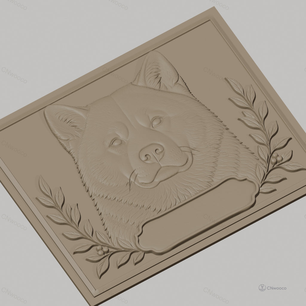 Fichier CNC & impression 3D chien Akita, tête en relief avec branche de feuilles, haute qualité relief STL