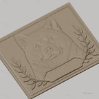 Fichier CNC & impression 3D chien Akita, tête en relief avec branche de feuilles, haute qualité relief STL