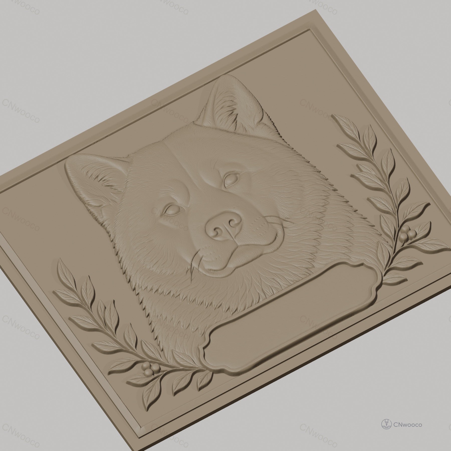 Fichier CNC & impression 3D chien Akita, tête en relief avec branche de feuilles, haute qualité relief STL