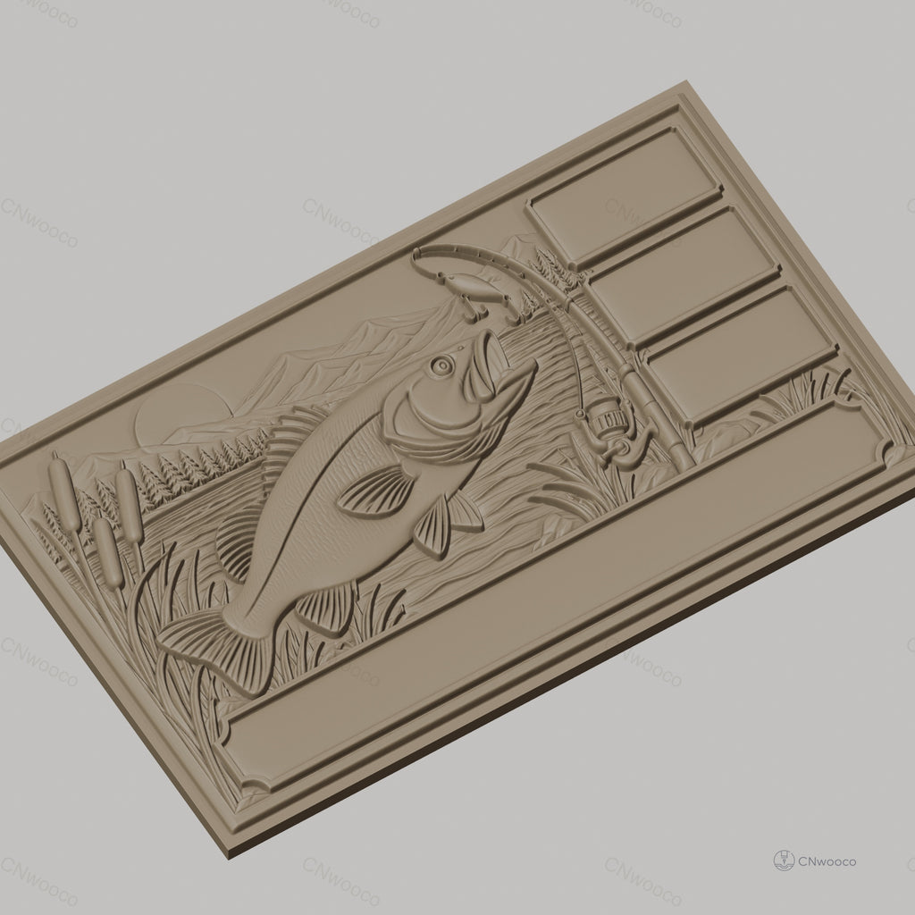 Fichier CNC & impression 3D poisson bass, canne à pêche, paysage lac haute qualité relief STL