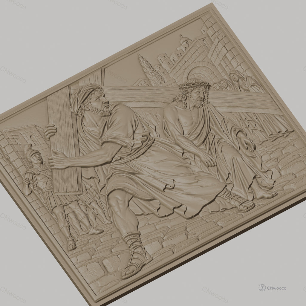 Fichier CNC & impression 3D scène religieuse, Jésus portant la croix avec Simon de Cyrène, haute qualité relief STL