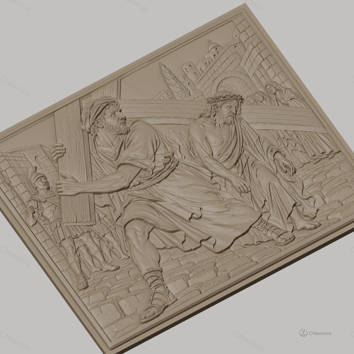 Fichier CNC & impression 3D scène religieuse, Jésus portant la croix avec Simon de Cyrène, haute qualité relief STL