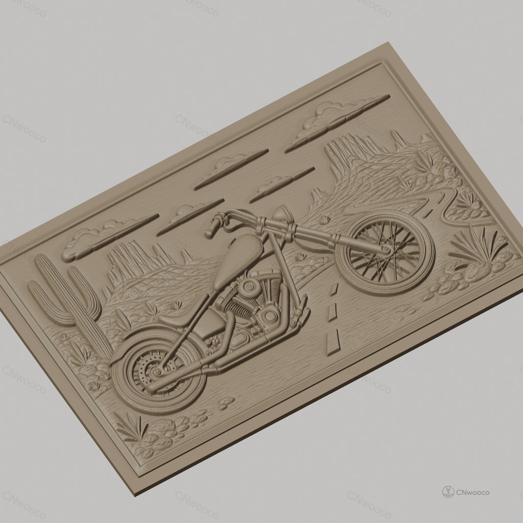 Fichier CNC & impression 3D moto custom chopper, désert avec cactus et montagnes, haute qualité relief STL