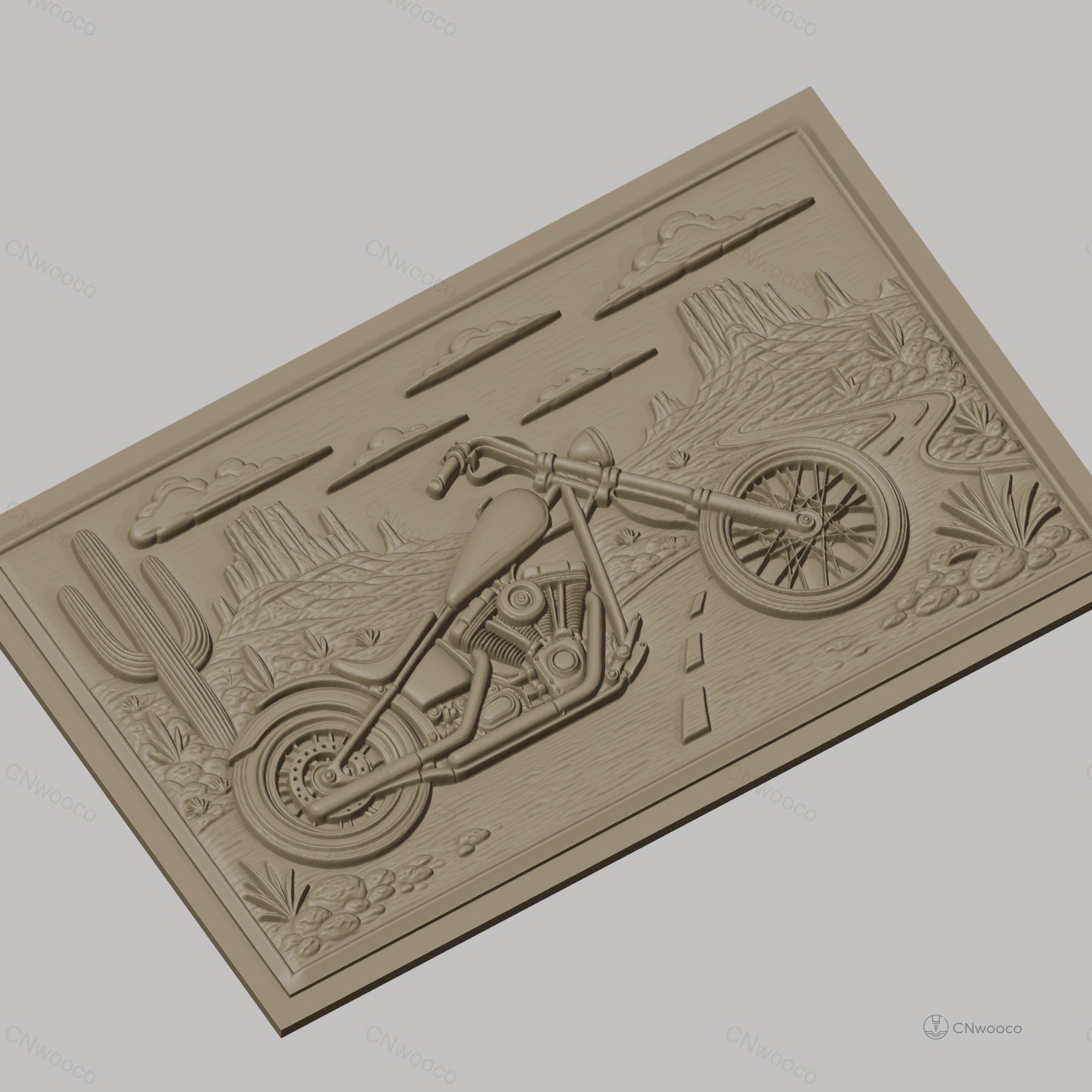 Fichier CNC & impression 3D moto custom chopper, désert avec cactus et montagnes, haute qualité relief STL