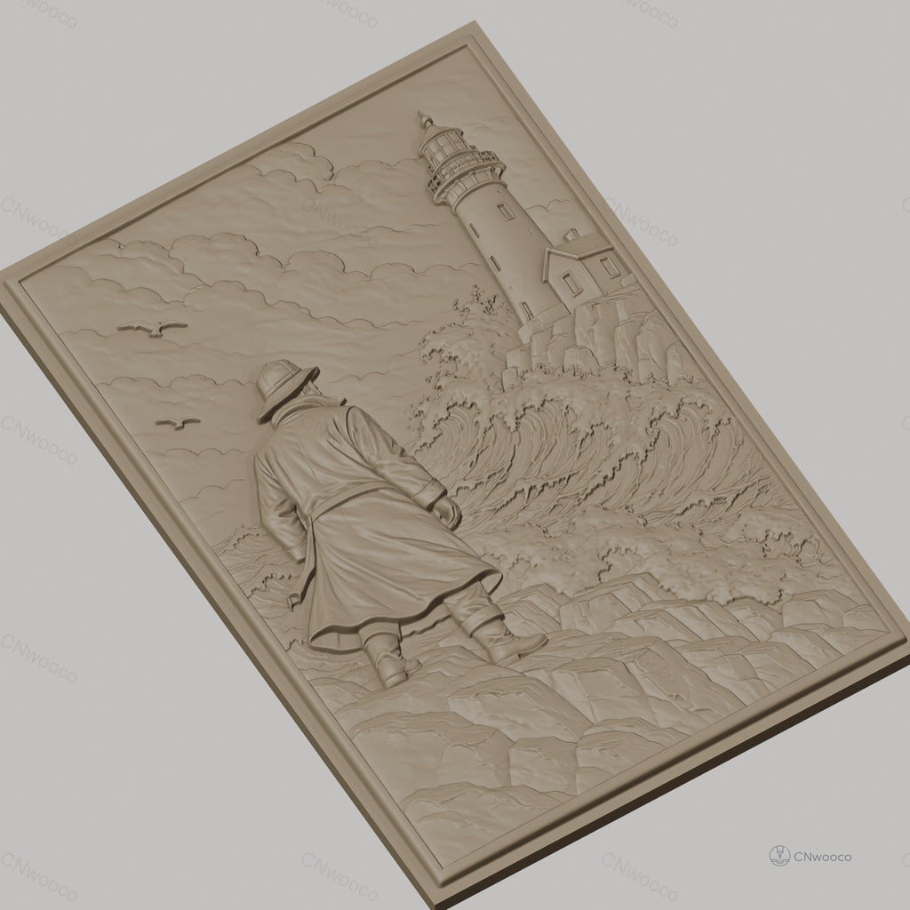 Fichier CNC & impression 3D marin, homme en imperméable regardant phare et mer agitée, haute qualité relief STL
