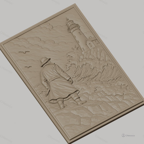 Fichier CNC & impression 3D marin, homme en imperméable regardant phare et mer agitée, haute qualité relief STL
