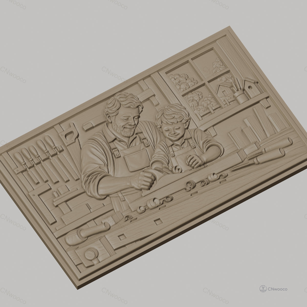 Fichier CNC & impression 3D scène de menuiserie père et fils, atelier avec outils, haute qualité relief STL