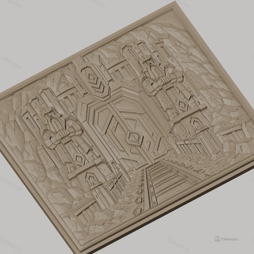 Fichier CNC & impression 3D porte naine gardée par statues, relief de montagne et rails, haute qualité relief STL