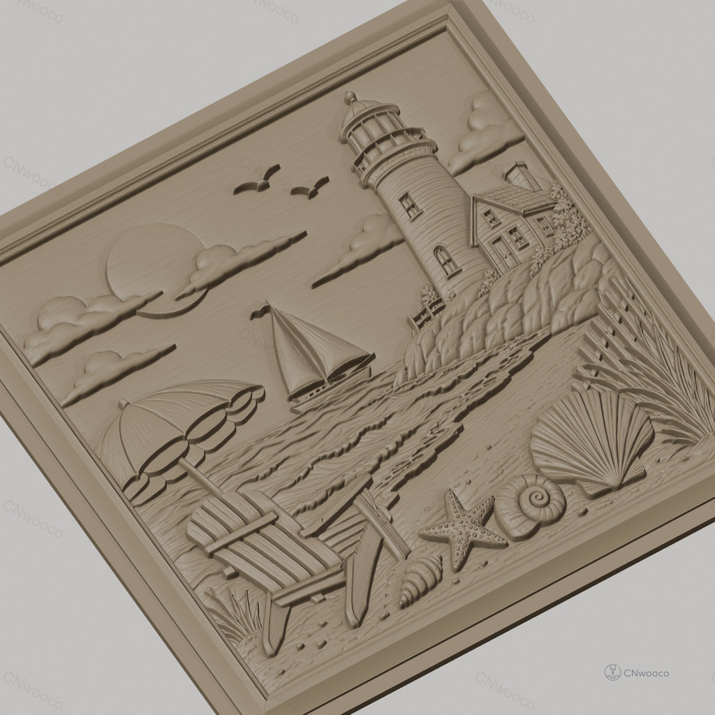 Fichier CNC & impression 3D scène de plage, phare voilier coquillages et chaise, haute qualité relief STL