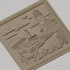 Fichier CNC & impression 3D scène de plage, phare voilier coquillages et chaise, haute qualité relief STL