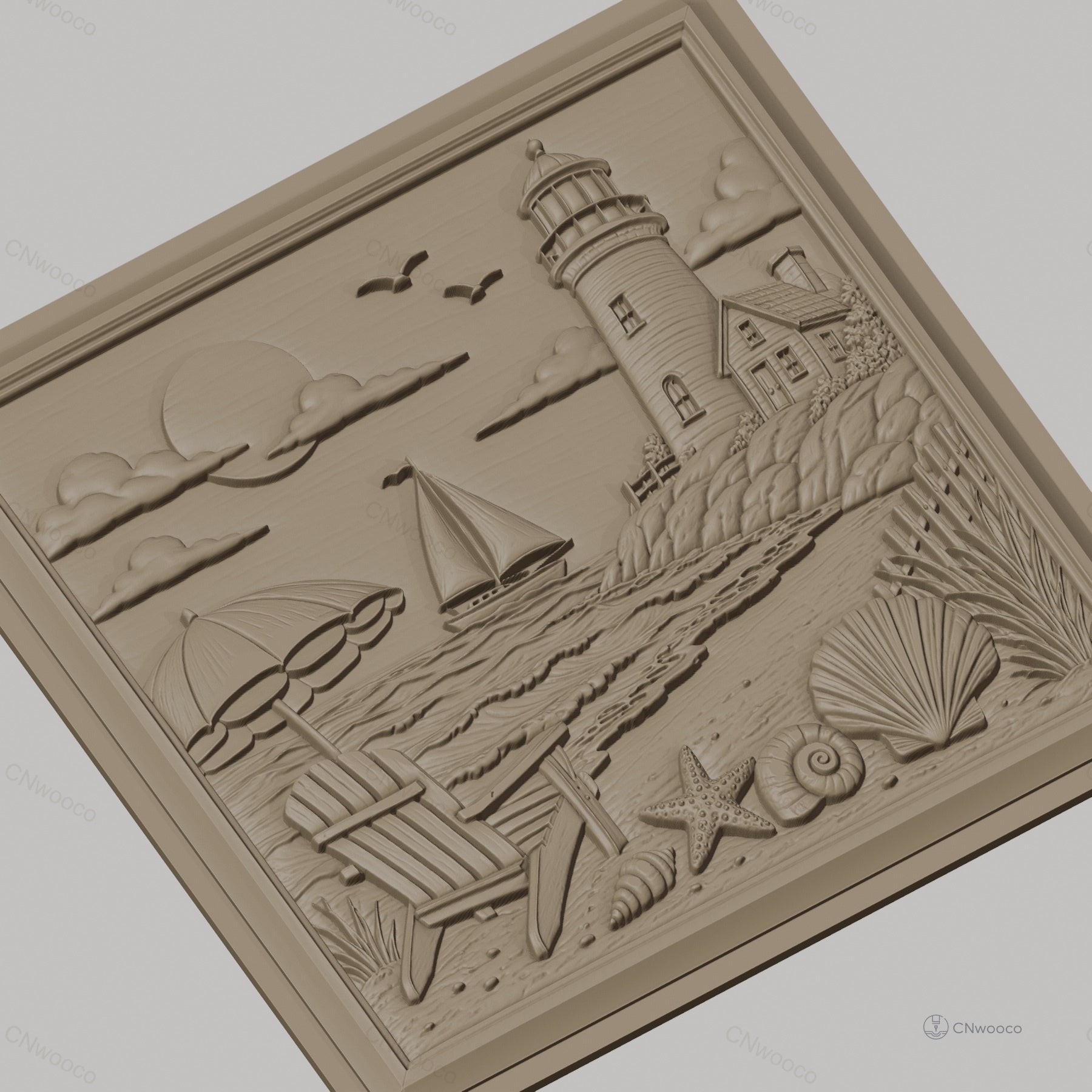 Fichier CNC & impression 3D scène de plage, phare voilier coquillages et chaise, haute qualité relief STL