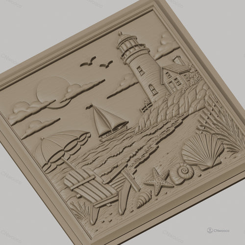 Fichier CNC & impression 3D scène de plage, phare voilier coquillages et chaise, haute qualité relief STL