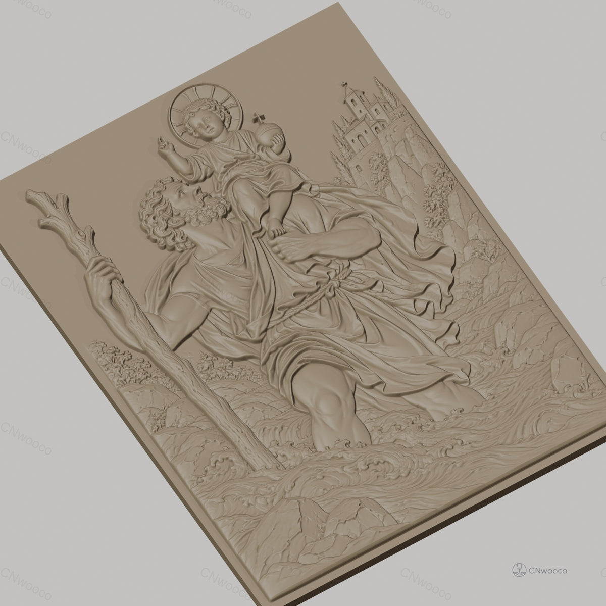 Fichier CNC & impression 3D Saint Christophe traversant rivière avec enfant, décor paysage, haute qualité relief STL