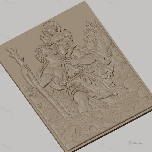 Fichier CNC & impression 3D Saint Christophe traversant rivière avec enfant, décor paysage, haute qualité relief STL